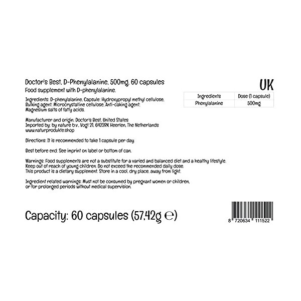 Doctors Best, D-Phenylalanine, 500 mg, 60 Gélules Végétaliennes, Testé en Laboratoire, Acide Aminé, Sans Gluten, Sans Soja, 