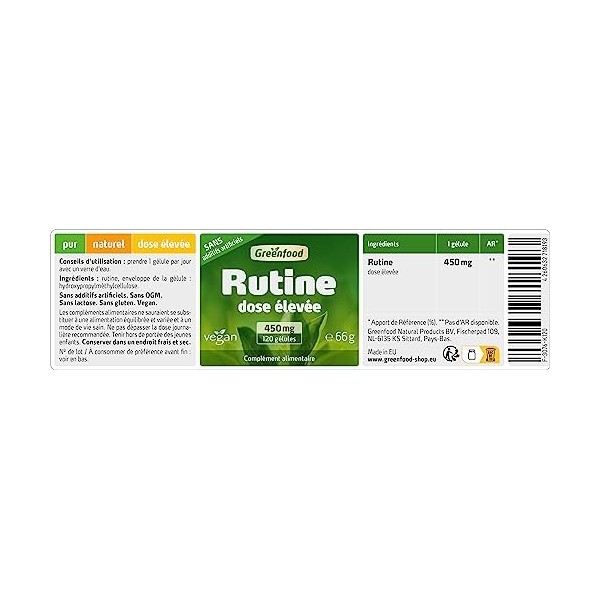 Greenfood Rutine, 450 mg, dose élevée, 120 gélules - SANS additifs. Sans organisme génétiquement modifié.Vegan