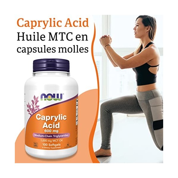 Now Foods, Caprylic Acid Acide Caprylique , 600mg, 100 Capsules molles, Testé en Laboratoire, Sans Gluten, Sans Soja, Sans O