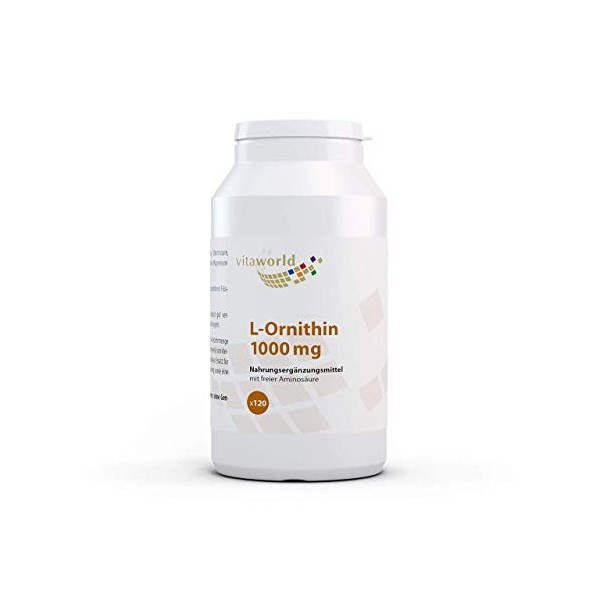 Vita World L-Ornithine 1000 MG 120 Comprimés Hautement Dosé Végétalien Seulement 1 Comprimé par Jour Made in Germany