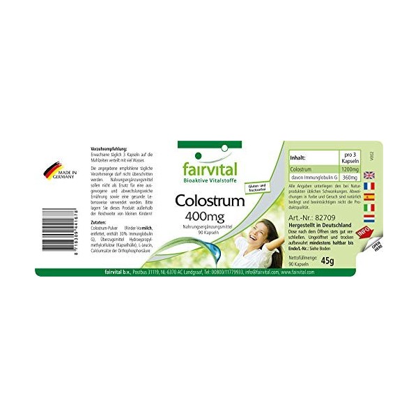 Fairvital | Colostrum 400mg Fortement dosé - 90 capsules - d´Allemagne - sans lESB - légèrement modifié