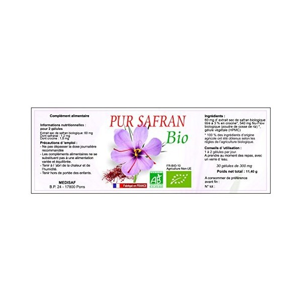 Pur safran bio est un complément alimentaire 100% naturel et certifié biologique