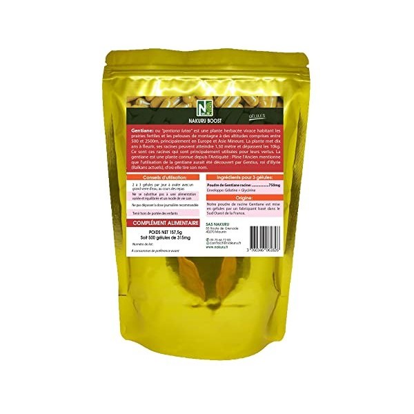 NAKURU | Gentiane | Gamme Boost | Fabriqué en France | "La Fée Jaune !" | 500 Gélules de 315mg / Poids Net: 157,5g 