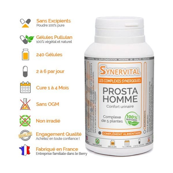 Prosta Homme - 240 gélules dosées à 300mg - Complexe de plantes pour la Prostate, les troubles urinaires - Sabal - Courge - E