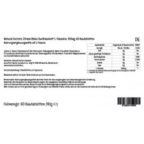 Natural Factors, Stress Relax Suntheanine, L-Theanine, 100mg, 60 Comprimés à mâcher végétaliens, Testé en Laboratoire, Végéta