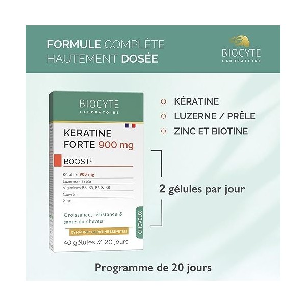 Kératine Forte 900 mg - Complément Alimentaire Pousse des Cheveux - Kératine, Biotine, Vitamine B6, Zinc, Prêle, Luzerne - 40