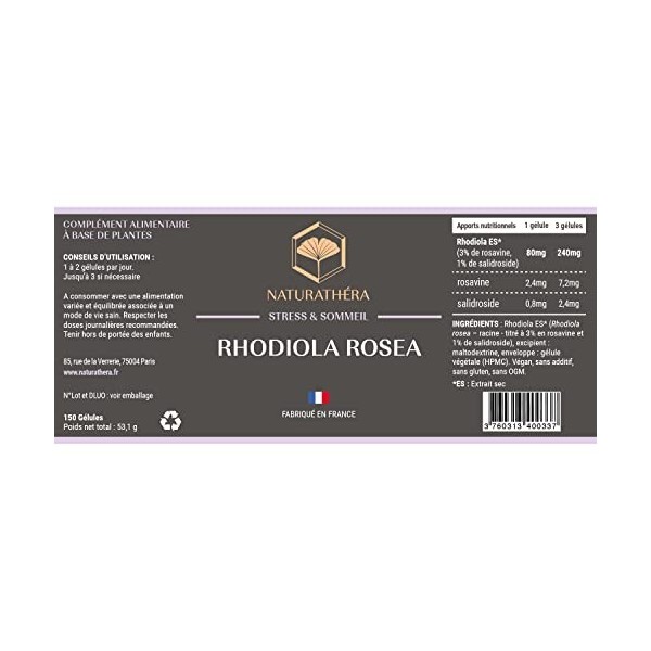 NATURATHÉRA - RHODIOLA ROSEA - Complément Alimentaire Anti-Stress, Activité Mentale et Cognitive Optimale - 150 Gélules