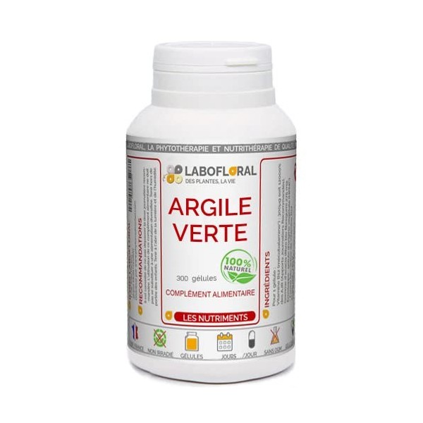 Argile verte Labofloral 300 gélules dosées à 450 mg - Complément alimentaire - Propriétés apaisantes, cicatrisantes et nettoy