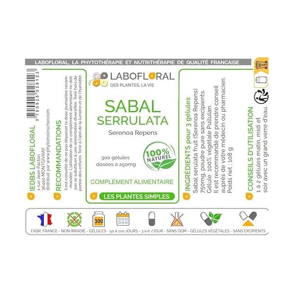 Sabal serrulata Labofloral 300 gélules dosées à 250 mg - Complément alimentaire - Prostate - Fabriqué en france