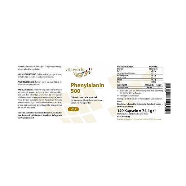 Vita World Pack de 3 L-Phénylalanine 500mg 3 x 120 Capsules Made in Germany