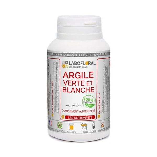 Argile verte et blanche Labofloral 300 gélules dosées à 420 mg - Complément alimentaire - vertus purifiantes et apaisantes du