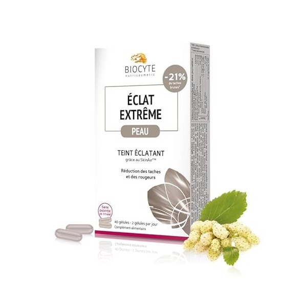 BIOCYTE Eclat Extreme - Complément Alimentaire Peau Anti-Tâche, Peau Lumineuse - Mûre Blanche, Tomate Blanche, Complexe SkinA