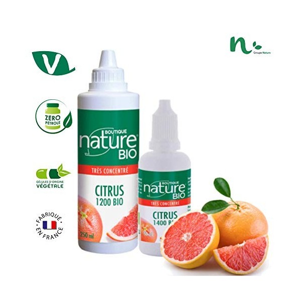 Boutique Nature - Complément Alimentaire - Extrait de pépins de Pamplemousse - Citrus 1200 BIO - Flacon Compte Gouttes de 250