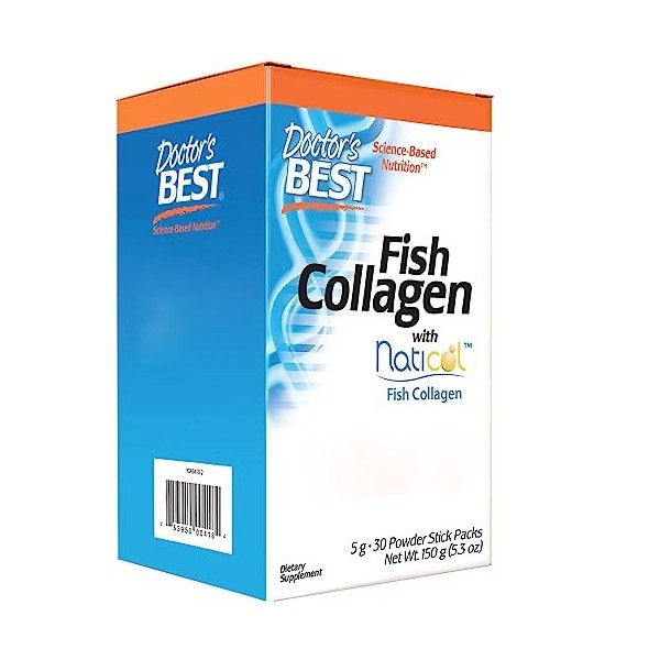 Doctors Best, Fish Collagen with Naticol™, 5000mg, 30 Sachets, Haute Dosé, Acide Aminé, Testé en Laboratoire, Sans Gluten, S