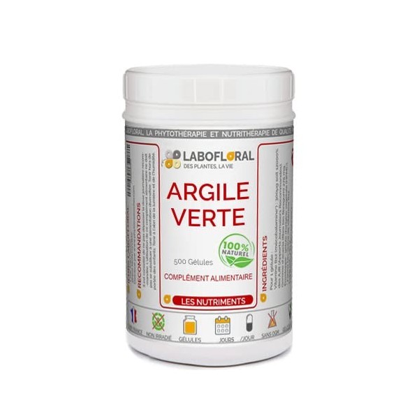 Argile verte Labofloral 500 gélules dosées à 450 mg - Complément alimentaire - Propriétés apaisantes, cicatrisantes et nettoy