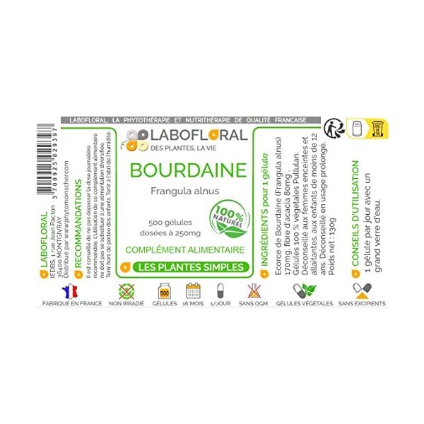 Bourdaine Labofloral 500 gélules dosées à 250 mg - Complément alimentaire - Laxatif naturel, constipation - Fabriqué en franc