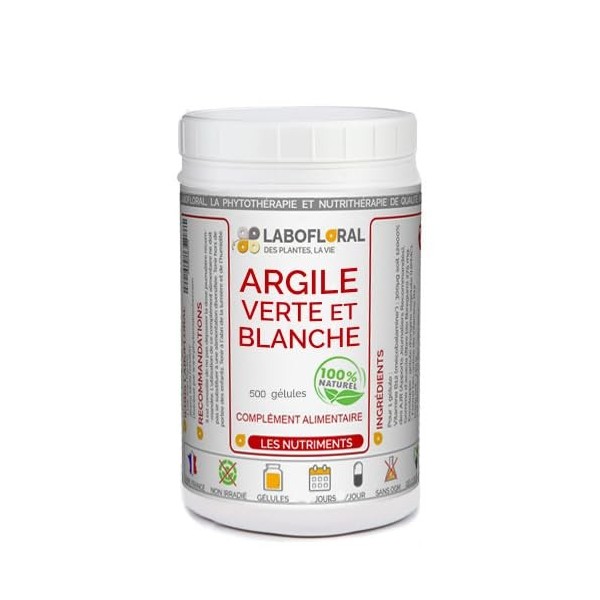 Argile verte et blanche Labofloral 500 gélules dosées à 420 mg - Complément alimentaire - vertus purifiantes et apaisantes du