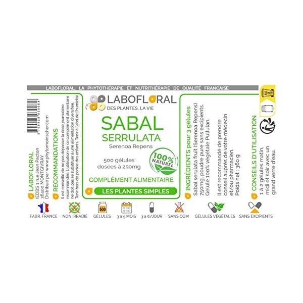 Sabal serrulata Labofloral 500 gélules dosées à 250 mg - Complément alimentaire - Prostate - Fabriqué en france