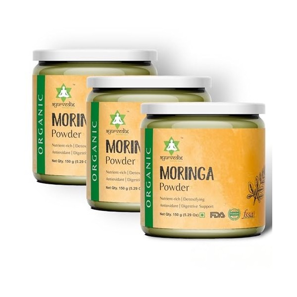 Ayurvedix Poudre de moringa 100 % biologique – Moringa Oleifera – Moringa bio pour limmunité, la digestion et lénergie – 15