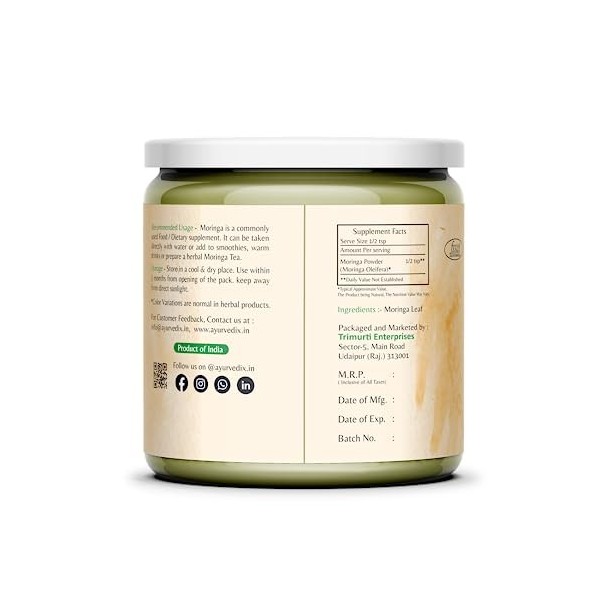 Ayurvedix Poudre de moringa 100 % biologique – Moringa Oleifera – Moringa bio pour limmunité, la digestion et lénergie – 15