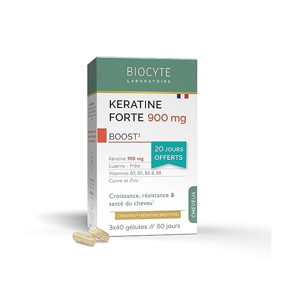 BIOCYTE Kératine Forte - Complément Alimentaire Pousse des Cheveux - Kératine, Biotine, Vitamine B6, Zinc, Prêle, Luzerne - 1