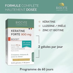 BIOCYTE Kératine Forte - Complément Alimentaire Pousse des Cheveux - Kératine, Biotine, Vitamine B6, Zinc, Prêle, Luzerne - 1