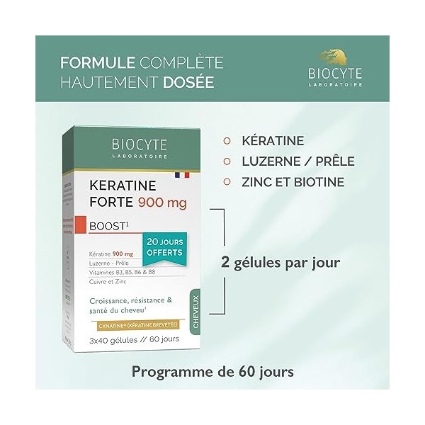 BIOCYTE Kératine Forte - Complément Alimentaire Pousse des Cheveux - Kératine, Biotine, Vitamine B6, Zinc, Prêle, Luzerne - 1