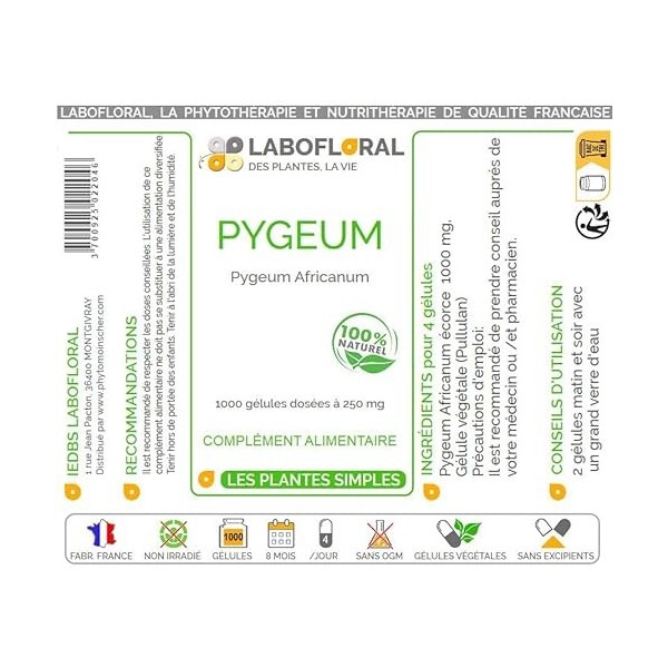 Pygeum Africanum Labofloral 1000 gélules dosées à 250 mg - Complément alimentaire - Prostate - Fabriqué en france