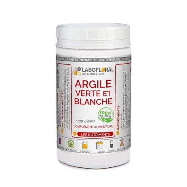 Argile verte et blanche Labofloral 1000 gélules dosées à 420 mg - Complément alimentaire - vertus purifiantes et apaisantes d
