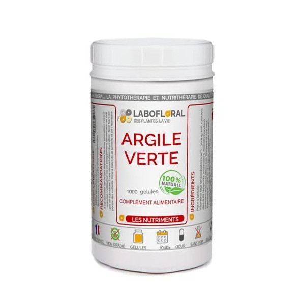 Argile verte Labofloral 1000 gélules dosées à 450 mg - Complément alimentaire - Propriétés apaisantes, cicatrisantes et netto