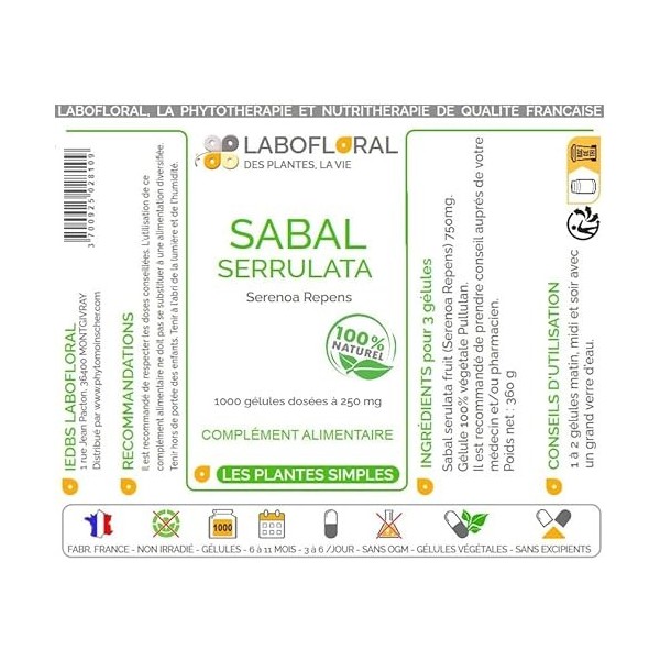 Sabal serrulata Labofloral 1000 gélules dosées à 250 mg - Complément alimentaire - Prostate - Fabriqué en france
