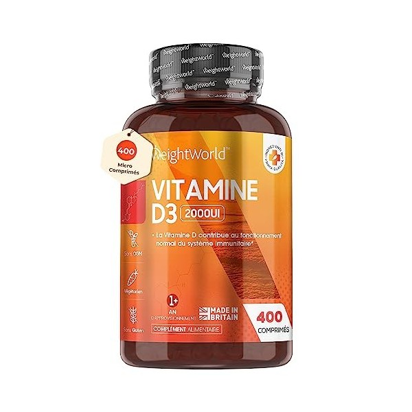 Vitamine D3 Cholécalciférol 2000 ui - Fortement Absorbable - 400 Micro Comprimés Végétariens, 1 An dApprovisionnement, 1 c