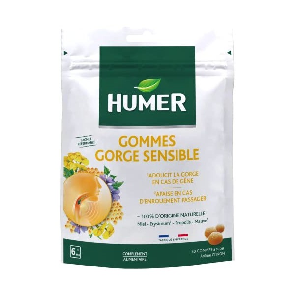 Humer - Gommes Gorge Sensible - Goût Citron - Dès 6 ans - Sachet Refermable & Recyclable de 30 Gommes