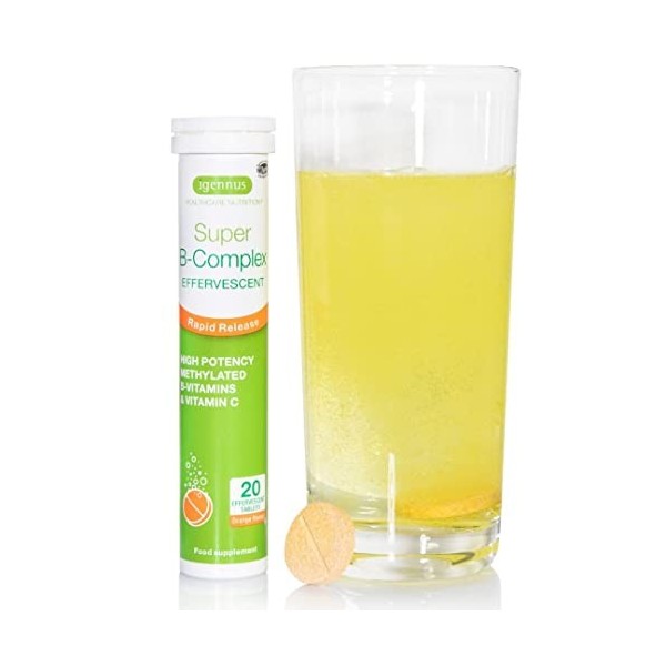 Super B-Complex Effervescent avec Vitamine C, haute absorption, boisson énergisante sans caféine, saveur orange, Végétalien, 