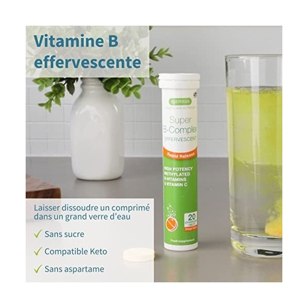 Super B-Complex Effervescent avec Vitamine C, haute absorption, boisson énergisante sans caféine, saveur orange, Végétalien, 