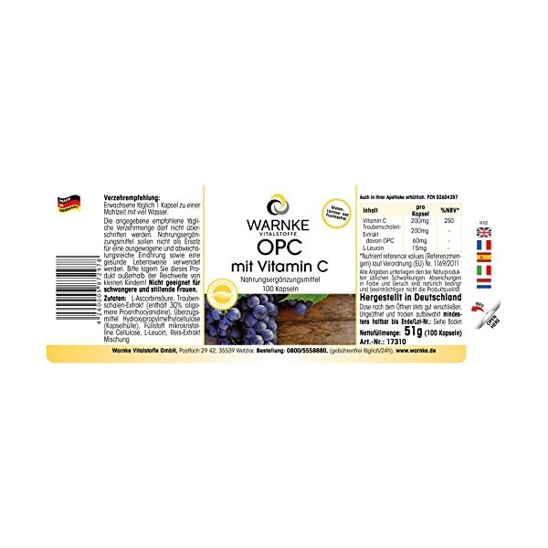 OPC 60 mg - 100 gélules - Végétarien - Avec vitamine C - 200 mg dextrait de peau de raisin | Warnke Vitalstoffe