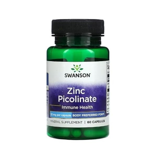 Swanson Zinc Picolinate 22mg - 60 Capsules | Forme Préférée par lOrganisme pour le Soutien Immunitaire et Métabolique