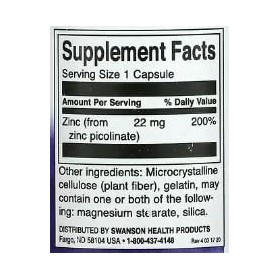 Swanson Zinc Picolinate 22mg - 60 Capsules | Forme Préférée par lOrganisme pour le Soutien Immunitaire et Métabolique