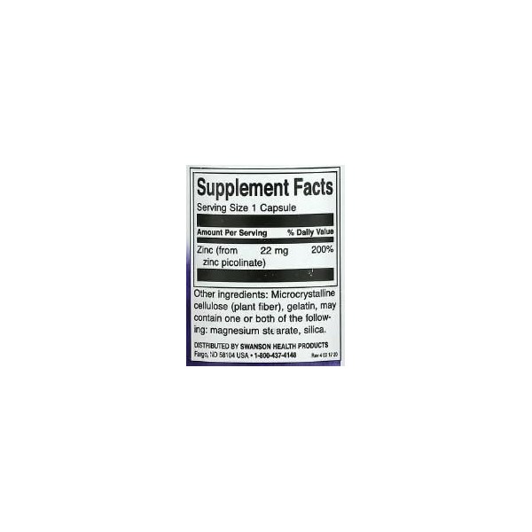 Swanson Zinc Picolinate 22mg - 60 Capsules | Forme Préférée par lOrganisme pour le Soutien Immunitaire et Métabolique