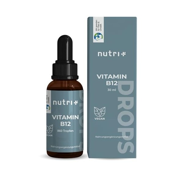 Vitamine B12 gouttes hautement dosées + vegan - Vitamine B 12 liquide 500µg - Nutri + Drops avec méthylcobalamine & adénosylc