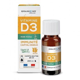 GRANIONS Vitamine D3 Végétale - Compte-Gouttes 20 ml - Dosage Facile - 100% Origine Naturelle - Vegan - Immunite & Capital Os