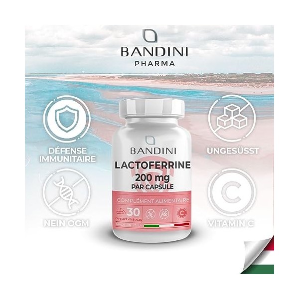 Bandini® LACTOFERRINE 200mg par Capsule 30 Capsules - Gélules Hautement Dosées avec 60mg de Vitamine C - Lactoferrin PURE p