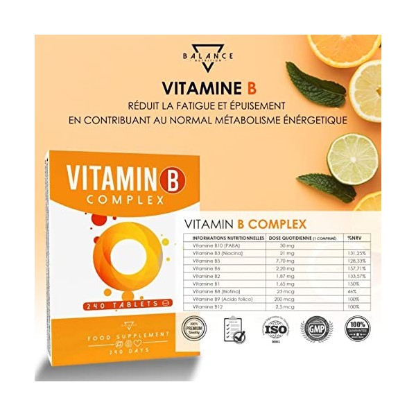 VITAMIN B COMPLEX - 240 Comprimés 8 Mois De Provision | Vitamine B Complex | Vitamines B, B1, B2, B3, B5, B6, B8 Biotine ,