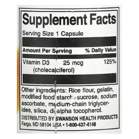 Swanson Vitamine D-3 1000 IU - 60 capsules | Renforcement des Os et du Système Immunitaire - Complément Alimentaire Essentiel