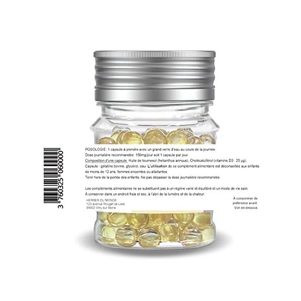 Herbes du Monde - Vitamine D3 – Complément alimentaire - 1 boite de 90 Capsules