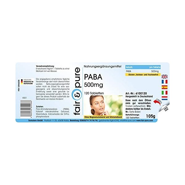 Fair & Pure® - PABA 500mg - acide para-aminobenzoïque - vitamine B10 - végan - 120 comprimés