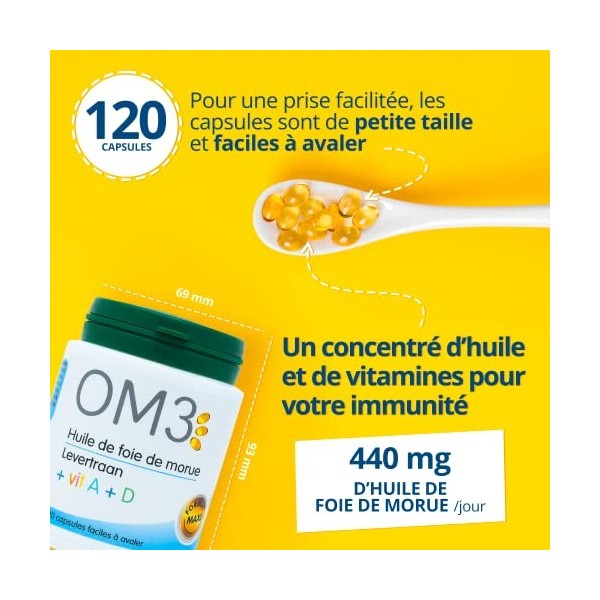 OM3 - Huile de Foie de Morue, Vitamine A et D -Défenses immunitaires - Vision -Ossature normale - Maxi format -120 capsules