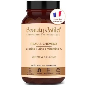 Peau & Cheveux - Complément alimentaire Biotine, Vitamine A, C, E, B6, B8, Zinc - Beauté de la peau et des Cheveux - Cure 1 m