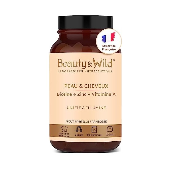 Peau & Cheveux - Complément alimentaire Biotine, Vitamine A, C, E, B6, B8, Zinc - Beauté de la peau et des Cheveux - Cure 1 m