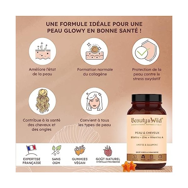 Peau & Cheveux - Complément alimentaire Biotine, Vitamine A, C, E, B6, B8, Zinc - Beauté de la peau et des Cheveux - Cure 1 m